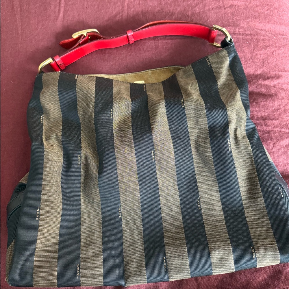 Fendi Pequin Striped Shoulder Bag with Red Strap